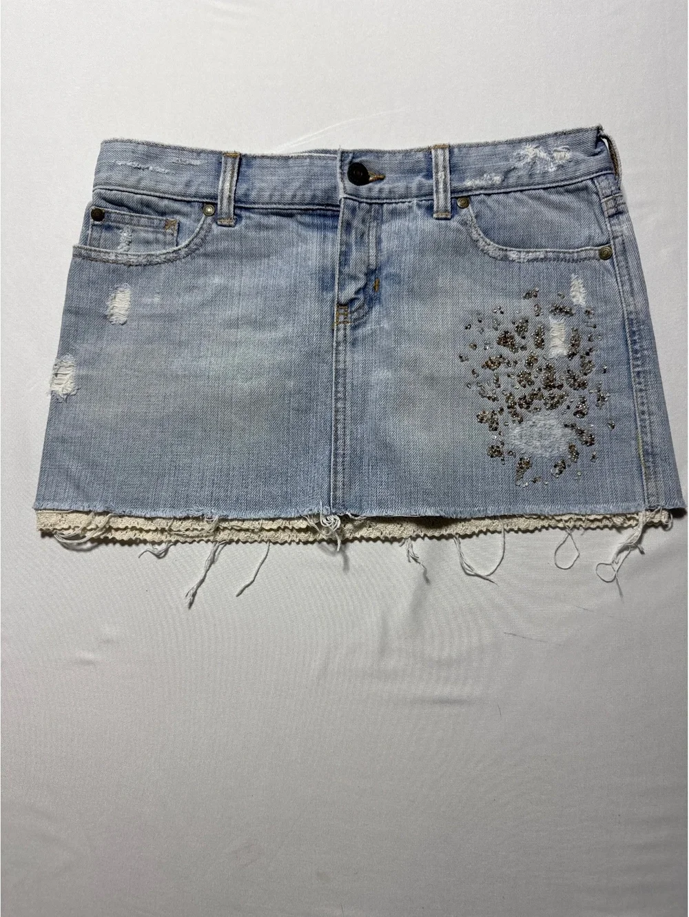 Abercrombie Vintage Denim Mini Skirt Size 16 with Beaded Emb